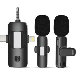 K15 Wireless Lavalier Mic with 3.5mm, Type-C & Lightning – Dual Mic Kit