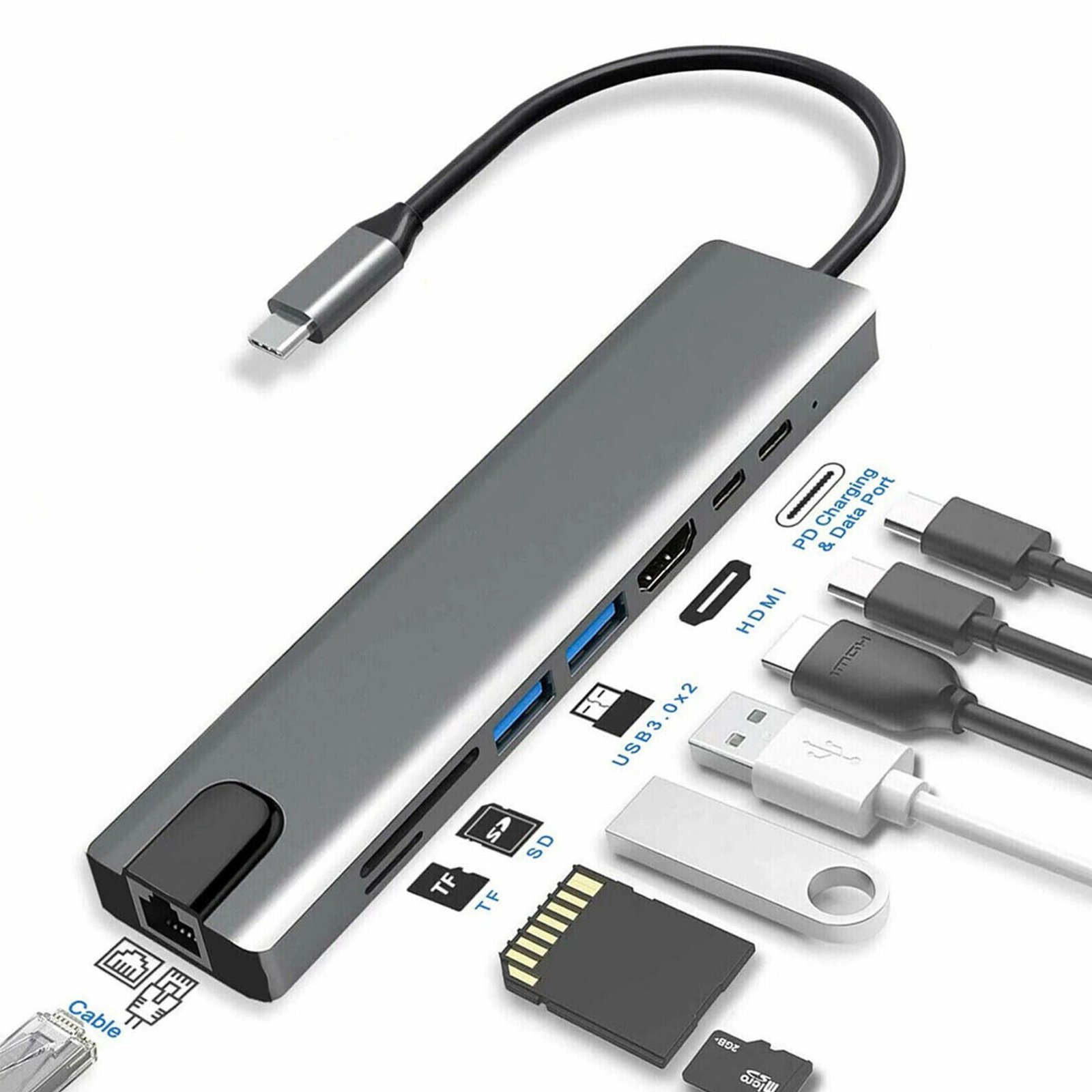 Type-C to HDTV 8 in 1 Adapter 4K HDMI PD 2xUSB SD/TF Rj45