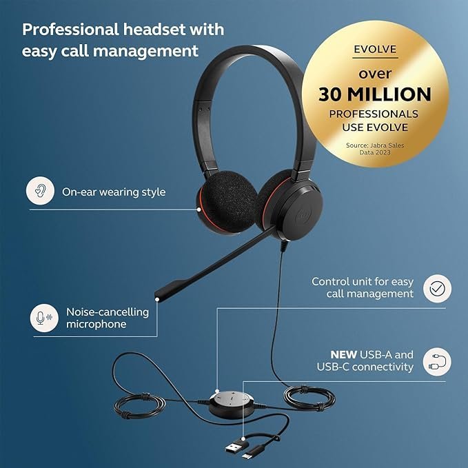 Jabra Evolve 20 Wired Headset (2025 Edition) – Dual-Ear USB-C/A Headset for Office & Work from Home - Image 2